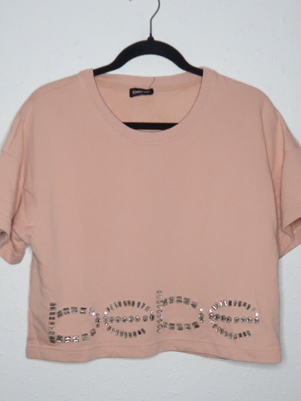 BEBE Soft Peach Rhinestone Logo Boxy Crop Tee